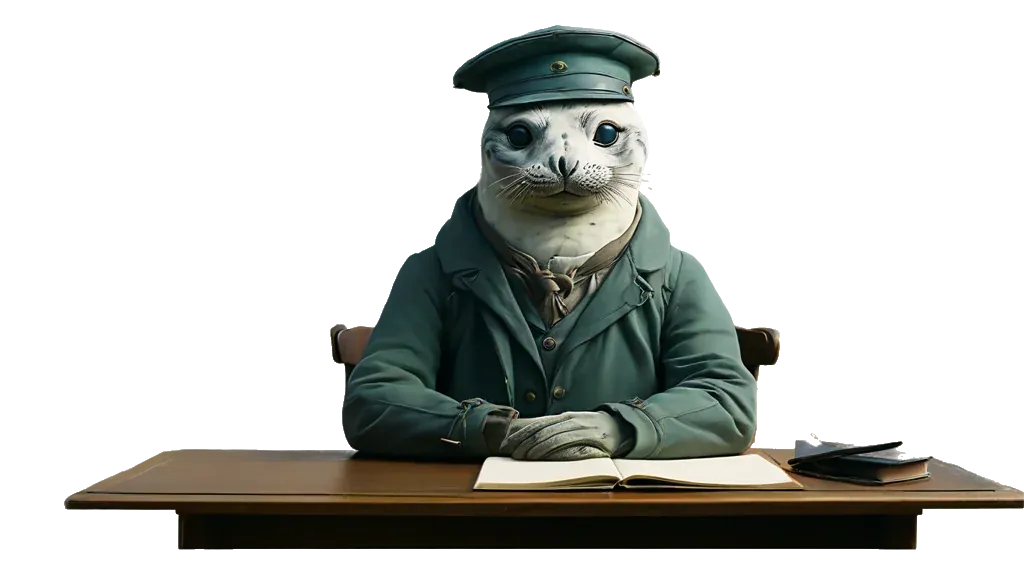 The seal pilot at a reading desk stacked with documents
