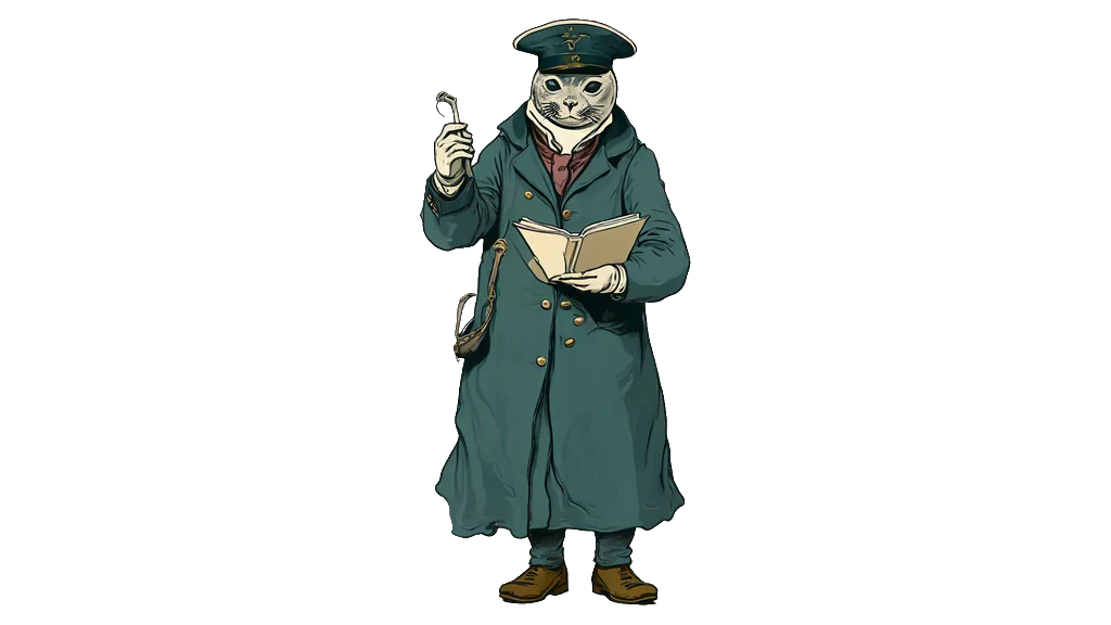 The seal pilot with an open logbook in one hand, raising a small round tag in the other