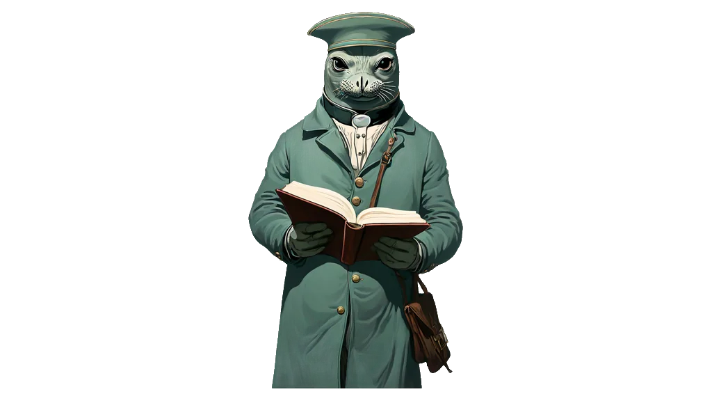 The seal pilot holding an open book in both hands, its two pages turned outward