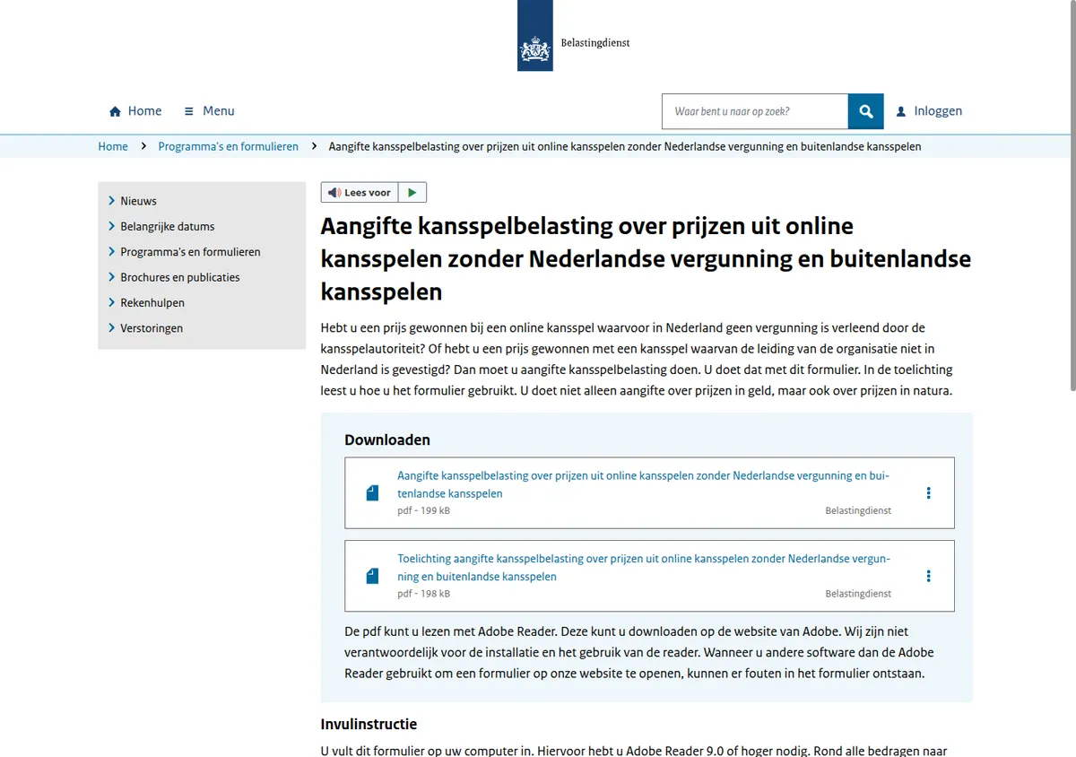 Dutch tax authority page for filing gambling tax on prizes from online games without a Dutch licence