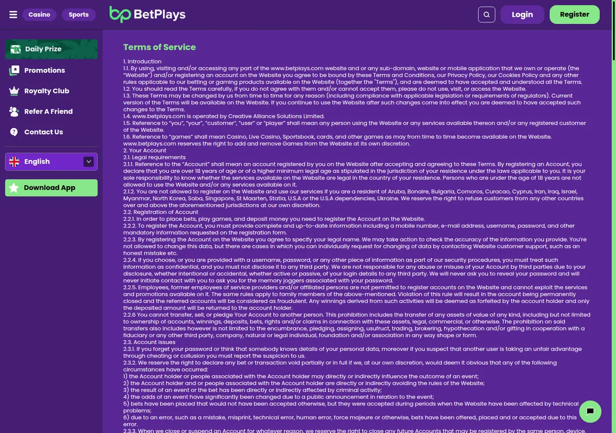 Betplays terms of service showing the excluded countries in clause 2.1.2