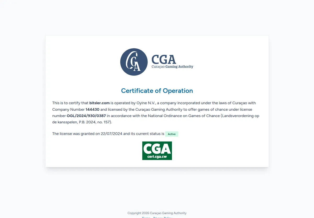 Curacao Gaming Authority certificate of operation for bitsler.com