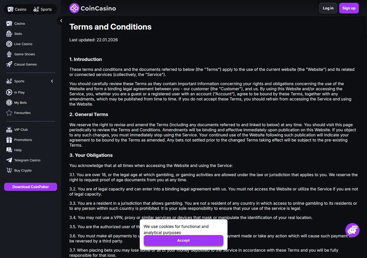CoinCasino terms and conditions, sections 1 to 3
