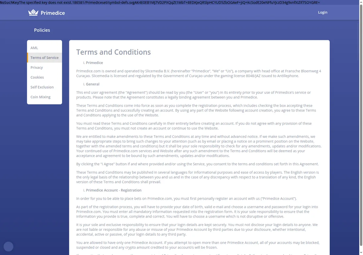 Primedice terms and conditions with the licence claim in the opening section