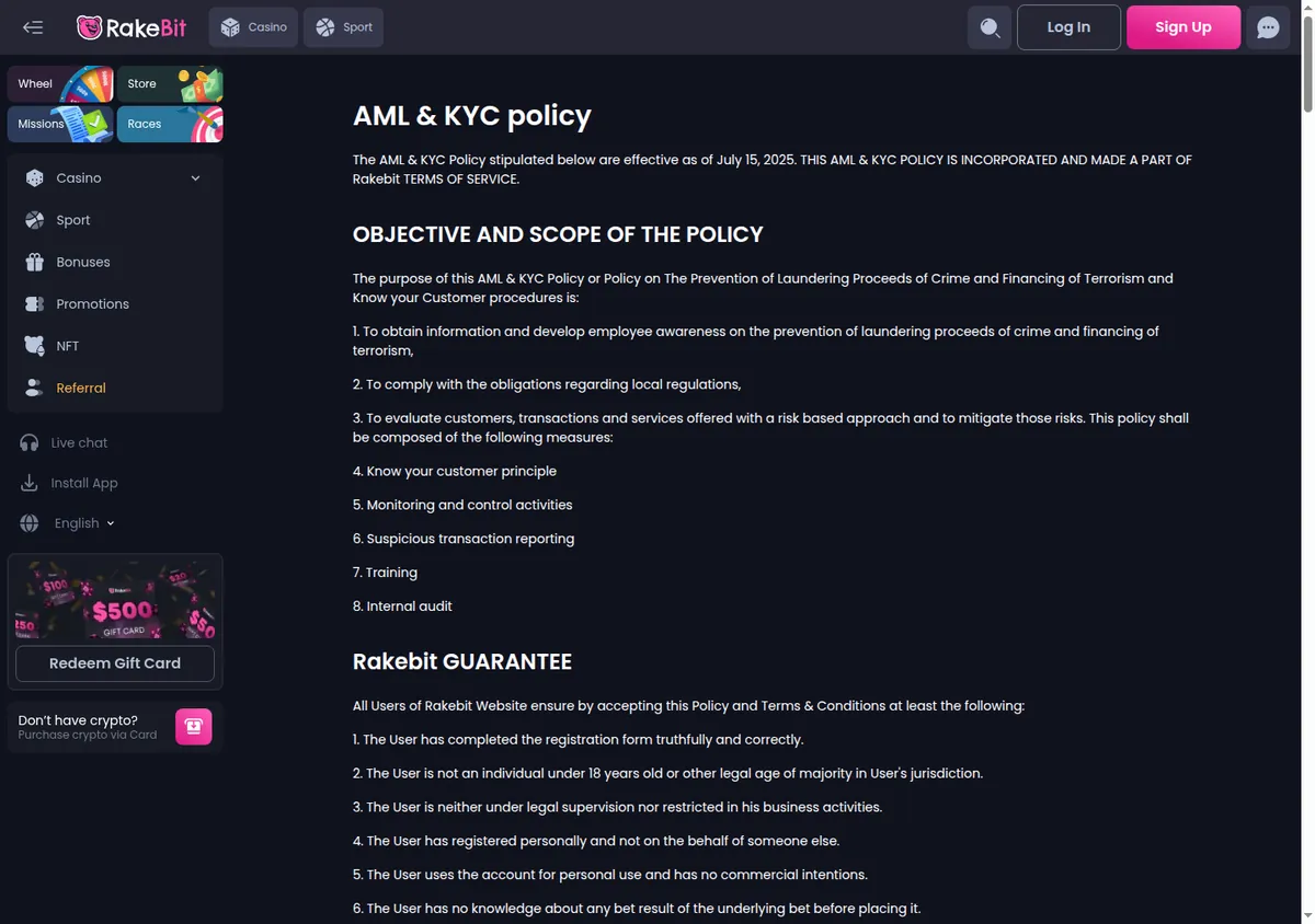 Rakebit AML and KYC policy, its objectives and the player warranties