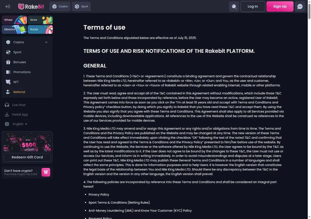 Rakebit terms of use, the general section