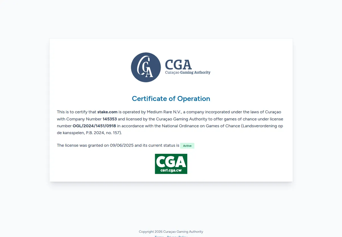 Curacao Gaming Authority certificate of operation for stake.com