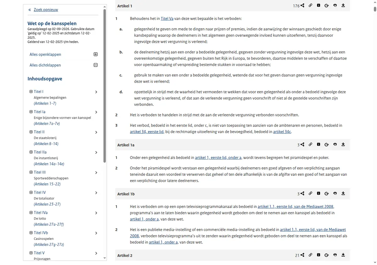 Article 1 of the Dutch Wet op de kansspelen on the government legislation site