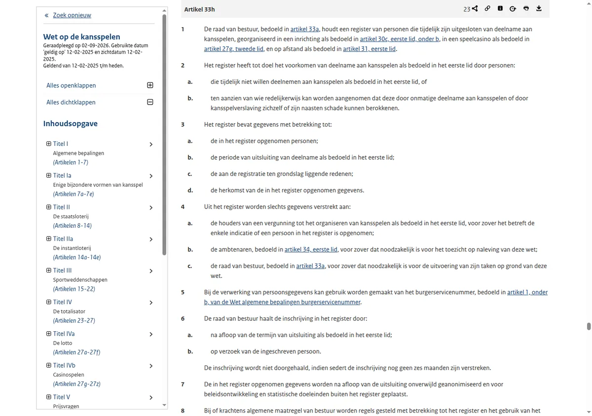 Article 33h of the Dutch Wet op de kansspelen, the provision that establishes the Cruks exclusion register
